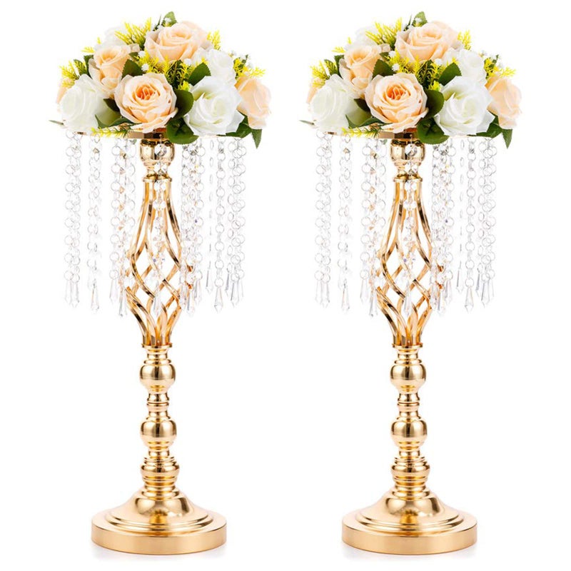 NUPTIO 2 Pcs 19.3 inches Gold Centerpieces Table Tall Crystal Flowers Stand Wedding Road Lead Flower Holders Crystal Chandelier Metal for Reception Tables Supplies - Image 1